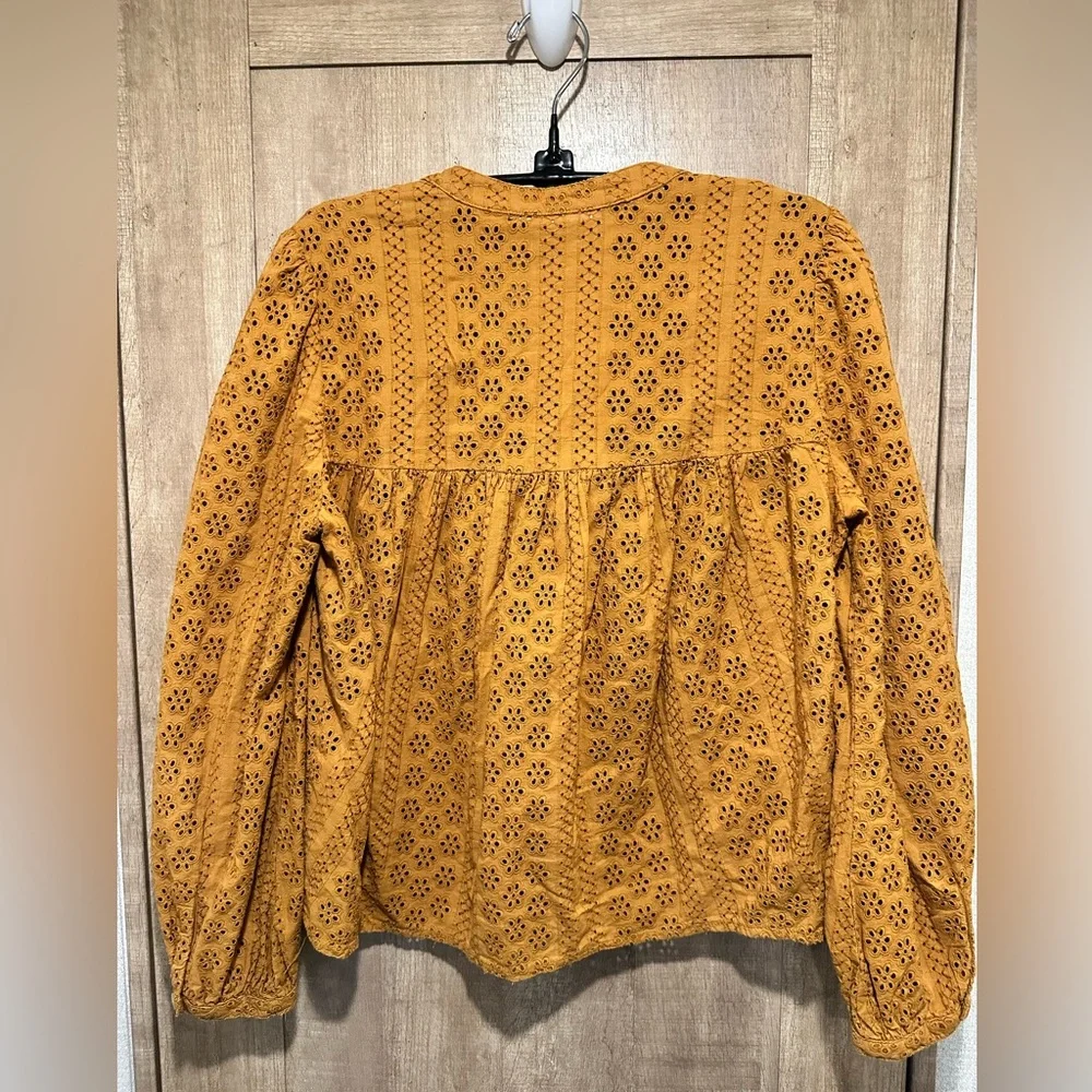 Madewell Eyelet double-tie peasant blouse, top. Medium, mustard color. - Picture 5 of 5